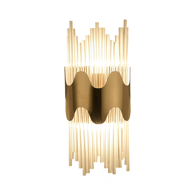Wavy Design Wall Sconce Modernist Style Clear Crystal 2 Lights Brass Finish Wall Lighting for Bedroom Clearhalo 'Cast Iron' 'Glass' 'Industrial' 'Modern wall lights' 'Modern' 'Tiffany' 'Traditional wall lights' 'Wall Lamps & Sconces' 'Wall Lights' Lighting' 224275
