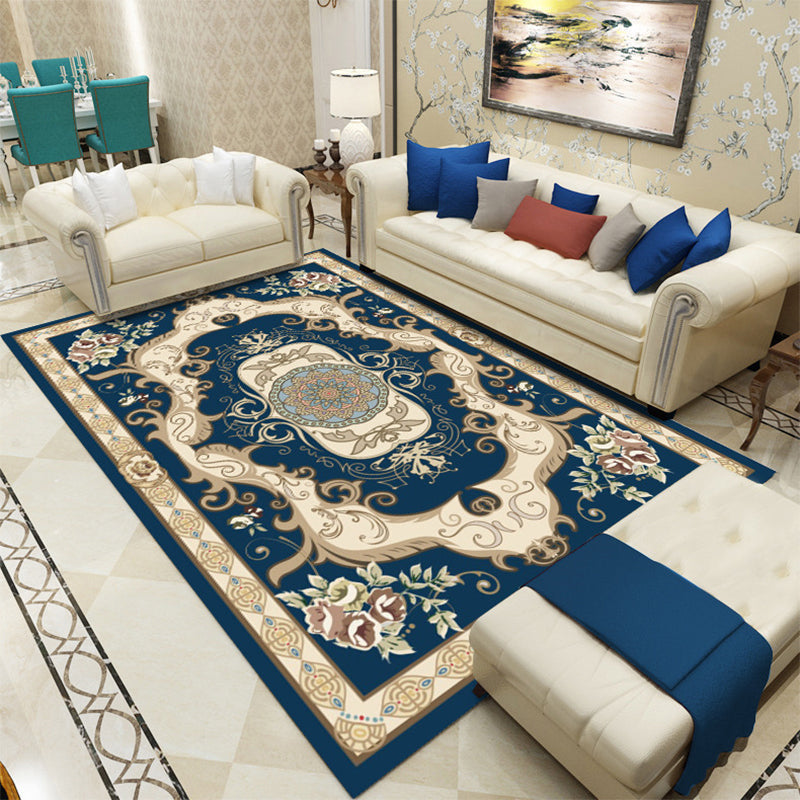 Retro Flower Print Rug Multi Color Synthetics Indoor Rug Easy Care Pet Friendly Carpet for Room Dark Blue Clearhalo 'Area Rug' 'Rugs' 'Vintage' Rug' 2242750