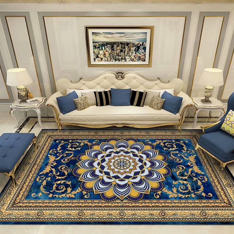 Southwestern Living Room Rug Multi Colored Floral Printed Area Carpet Polyster Non-Slip Backing Easy Care Rug Dark Blue Clearhalo 'Area Rug' 'Rugs' 'Vintage' Rug' 2242776