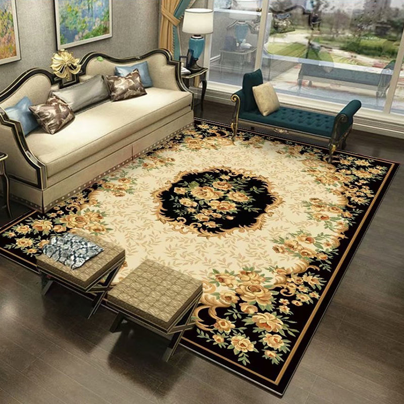 Southwestern Living Room Rug Multi Colored Floral Printed Area Carpet Polyster Non-Slip Backing Easy Care Rug Yellow-Black Clearhalo 'Area Rug' 'Rugs' 'Vintage' Rug' 2242789