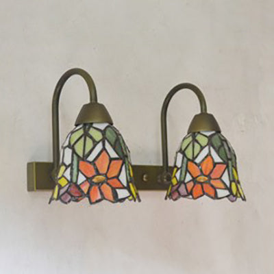2 Heads Wall Mounted Light Tiffany Flared Red/Purple/Pink Glass Sconce Light Fixture with Flower Pattern Clearhalo 'Industrial' 'Middle century wall lights' 'Tiffany wall lights' 'Tiffany' 'Wall Lamps & Sconces' 'Wall Lights' Lighting' 22428