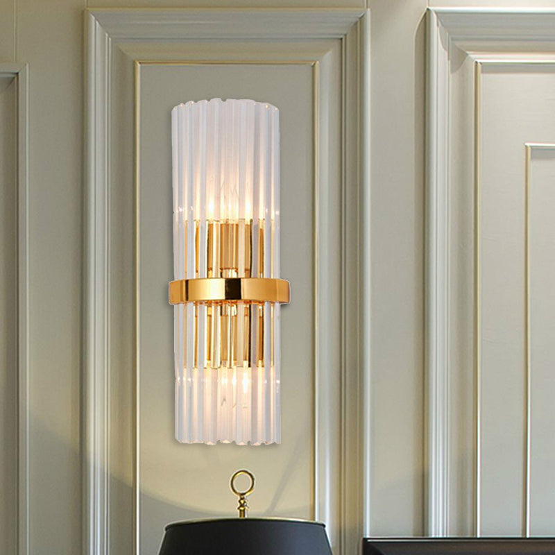2 Lights Living Room Wall Mounted Light Modern Brass Finish Sconce Lighting with Cylinder Clear Crystal Shade Brass Clearhalo 'Modern wall lights' 'Modern' 'Wall Lamps & Sconces' 'Wall Lights' Lighting' 224297