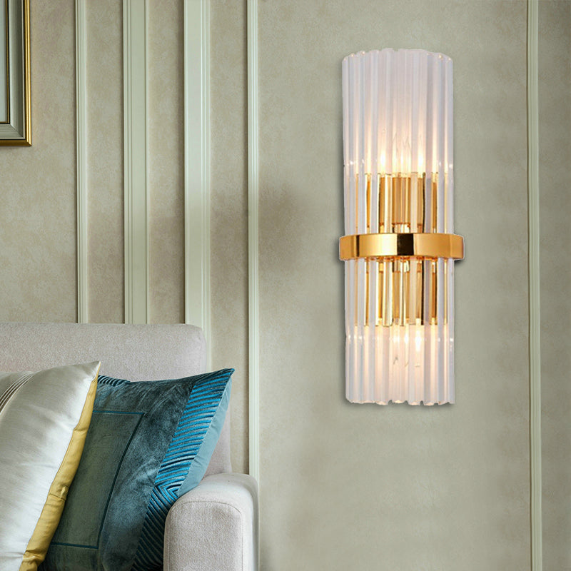 2 Lights Living Room Wall Mounted Light Modern Brass Finish Sconce Lighting with Cylinder Clear Crystal Shade Clearhalo 'Modern wall lights' 'Modern' 'Wall Lamps & Sconces' 'Wall Lights' Lighting' 224298