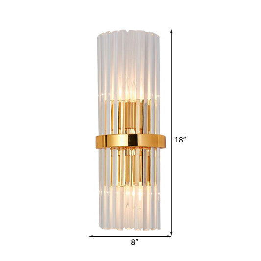 2 Lights Living Room Wall Mounted Light Modern Brass Finish Sconce Lighting with Cylinder Clear Crystal Shade Clearhalo 'Modern wall lights' 'Modern' 'Wall Lamps & Sconces' 'Wall Lights' Lighting' 224300