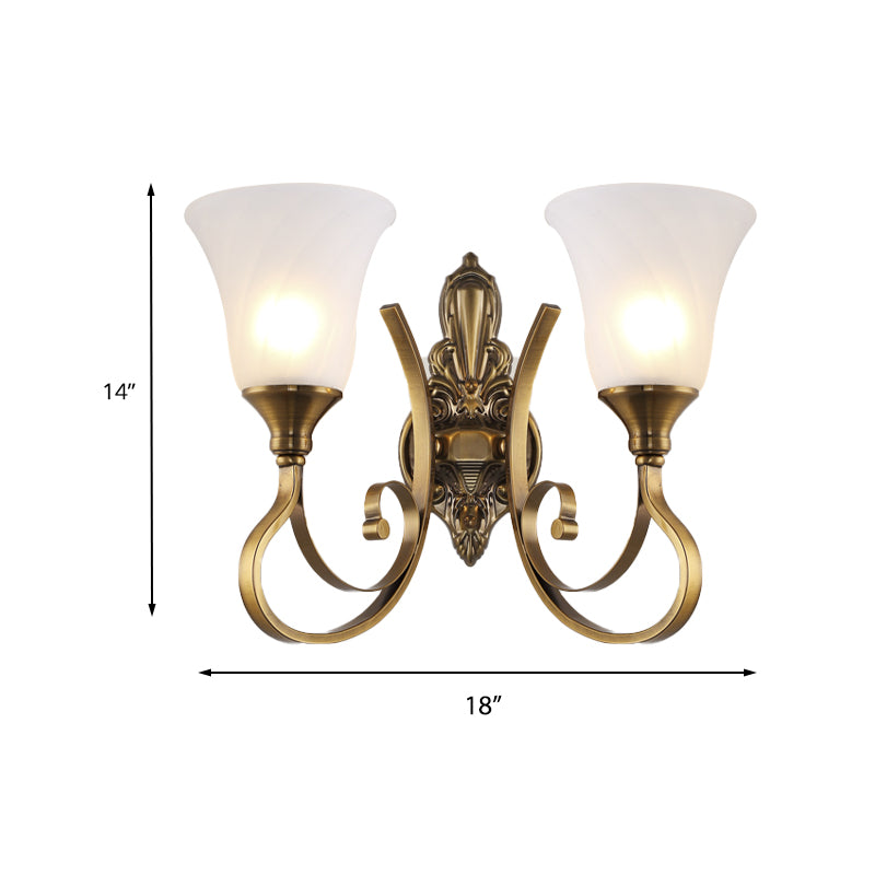 Retro Bell Wall Lamp 1/2-Light Frosted Glass Wall Sconce Light with Metal Curved Arm in Gold for Porch Clearhalo 'Wall Lamps & Sconces' 'Wall Lights' Lighting' 224309