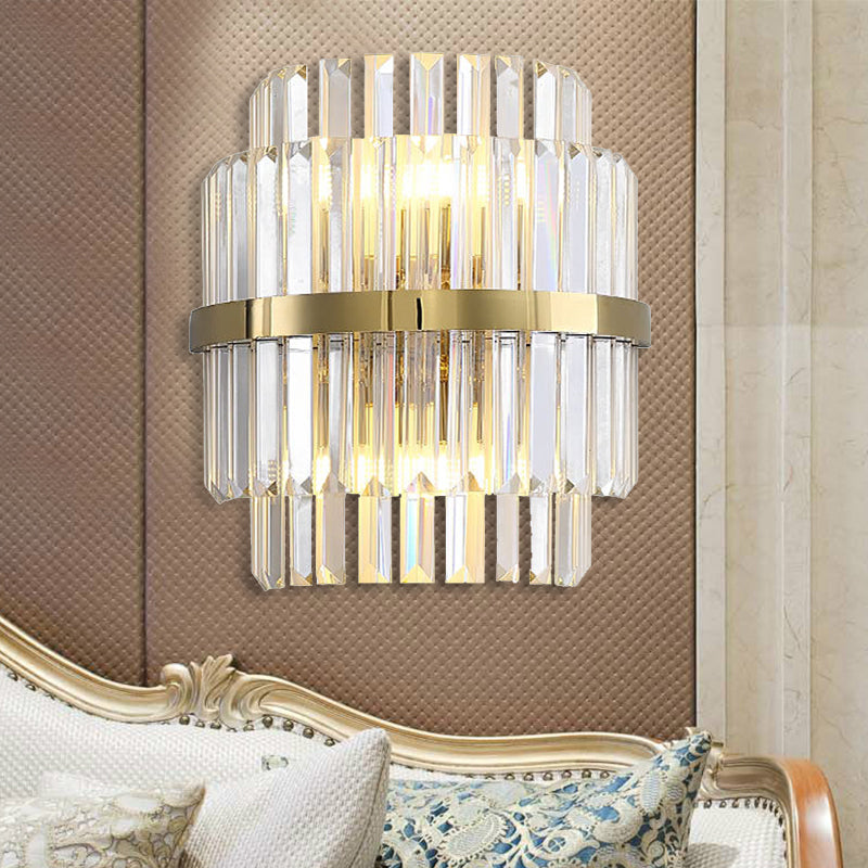 Clear Crystal Cylinder Wall Lighting Contemporary Style 2 Bulbs Wall Lamp in Brass for Bedroom - Brass - Clearhalo - 'Modern wall lights' - 'Modern' - 'Wall Lamps & Sconces' - 'Wall Lights' - Lighting' - 224318