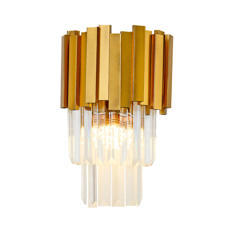 Tiered Wall Light Sconce Modern Style Metal 1 Light Golden Sconce Lamp with Clear Crystal Prism Clearhalo 'Modern wall lights' 'Modern' 'Wall Lamps & Sconces' 'Wall Lights' Lighting' 224324