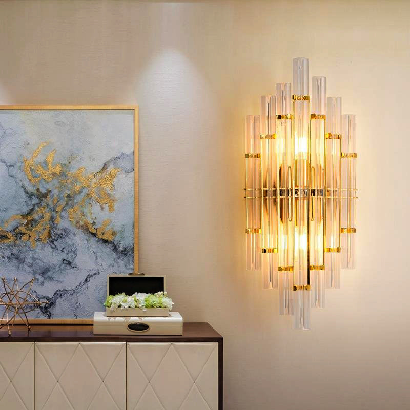 Tube Clear Crystal Wall Light Fixture Contemporary 2 Lights Golden Wall Lamp for Living Room Gold Clearhalo 'Cast Iron' 'Glass' 'Industrial' 'Modern wall lights' 'Modern' 'Tiffany' 'Traditional wall lights' 'Wall Lamps & Sconces' 'Wall Lights' Lighting' 224331