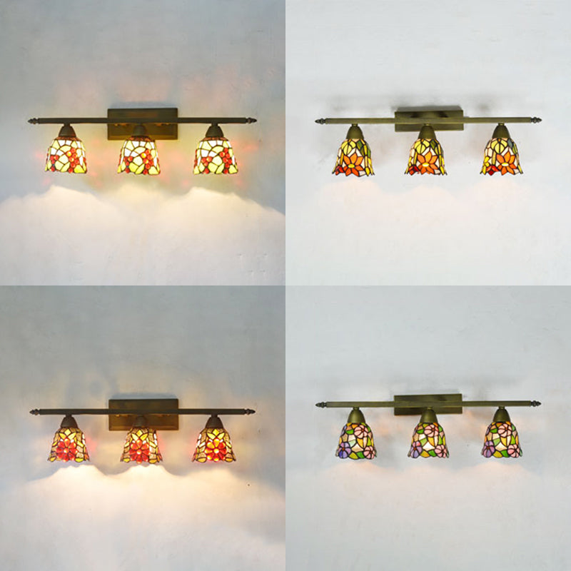 Tiffany Rustic Bell Wall Lighting Stained Glass 3 Lights Bathroom Sconce Lamp in Pink/Red/Orange/Purple Clearhalo 'Cast Iron' 'Glass' 'Industrial' 'Middle century wall lights' 'Modern' 'Tiffany wall lights' 'Tiffany' 'Traditional wall lights' 'Wall Lamps & Sconces' 'Wall Lights' Lighting' 22436