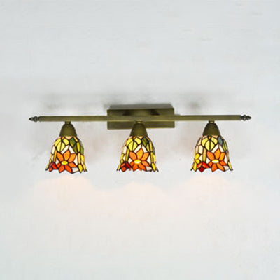 Tiffany Rustic Bell Wall Lighting Stained Glass 3 Lights Bathroom Sconce Lamp in Pink/Red/Orange/Purple Orange Clearhalo 'Cast Iron' 'Glass' 'Industrial' 'Middle century wall lights' 'Modern' 'Tiffany wall lights' 'Tiffany' 'Traditional wall lights' 'Wall Lamps & Sconces' 'Wall Lights' Lighting' 22437