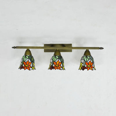 Tiffany Rustic Bell Wall Lighting Stained Glass 3 Lights Bathroom Sconce Lamp in Pink/Red/Orange/Purple Clearhalo 'Cast Iron' 'Glass' 'Industrial' 'Middle century wall lights' 'Modern' 'Tiffany wall lights' 'Tiffany' 'Traditional wall lights' 'Wall Lamps & Sconces' 'Wall Lights' Lighting' 22438