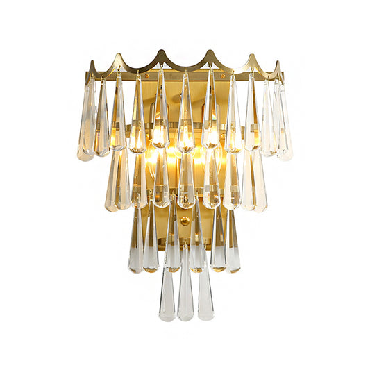 Metal Layered Wall Lighting Fixture Modern Style 2 Lights Golden Wall Lamp with Clear Crystal Teardrop Shade Clearhalo 'Modern wall lights' 'Modern' 'Wall Lamps & Sconces' 'Wall Lights' Lighting' 224425