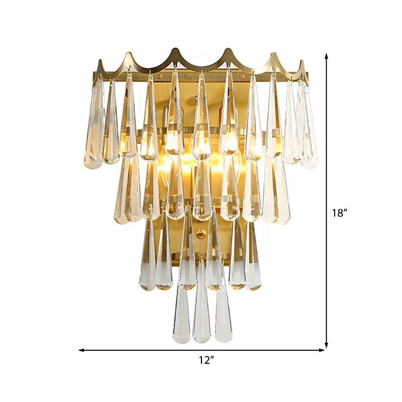Metal Layered Wall Lighting Fixture Modern Style 2 Lights Golden Wall Lamp with Clear Crystal Teardrop Shade Clearhalo 'Modern wall lights' 'Modern' 'Wall Lamps & Sconces' 'Wall Lights' Lighting' 224426