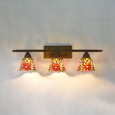 Tiffany Rustic Bell Wall Lighting Stained Glass 3 Lights Bathroom Sconce Lamp in Pink/Red/Orange/Purple Red Clearhalo 'Cast Iron' 'Glass' 'Industrial' 'Middle century wall lights' 'Modern' 'Tiffany wall lights' 'Tiffany' 'Traditional wall lights' 'Wall Lamps & Sconces' 'Wall Lights' Lighting' 22443