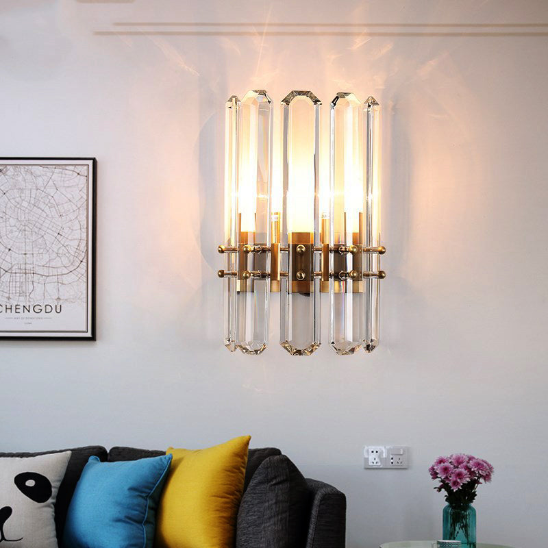 Cylinder Wall Lighting Modern Style Metal 2 Bulbs Golden Sconce Light with Clear Crystal Prism for Living Room Gold Clearhalo 'Modern wall lights' 'Modern' 'Wall Lamps & Sconces' 'Wall Lights' Lighting' 224433