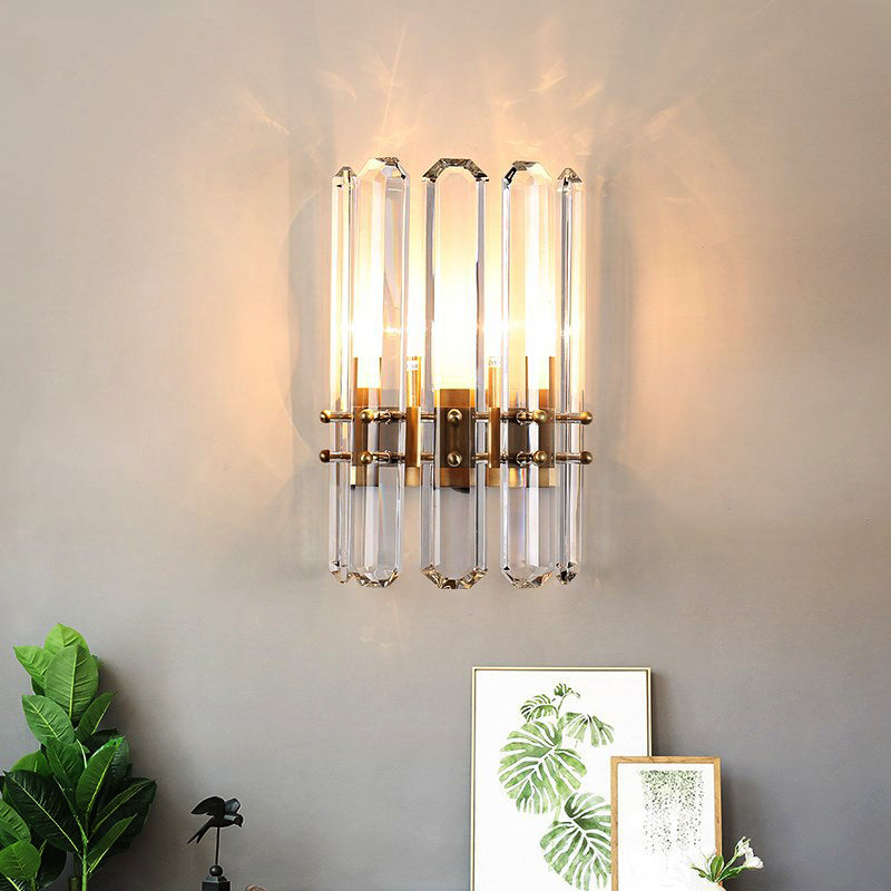 Cylinder Wall Lighting Modern Style Metal 2 Bulbs Golden Sconce Light with Clear Crystal Prism for Living Room Clearhalo 'Modern wall lights' 'Modern' 'Wall Lamps & Sconces' 'Wall Lights' Lighting' 224434