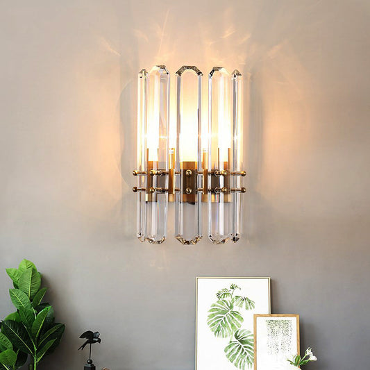 Cylinder Wall Lighting Modern Style Metal 2 Bulbs Golden Sconce Light with Clear Crystal Prism for Living Room Clearhalo 'Modern wall lights' 'Modern' 'Wall Lamps & Sconces' 'Wall Lights' Lighting' 224434