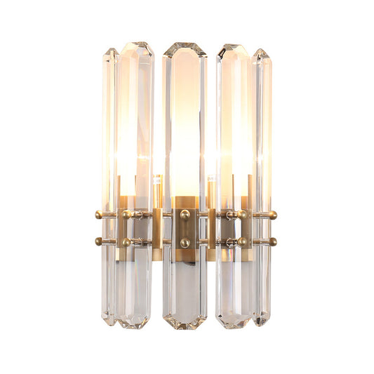 Cylinder Wall Lighting Modern Style Metal 2 Bulbs Golden Sconce Light with Clear Crystal Prism for Living Room Clearhalo 'Modern wall lights' 'Modern' 'Wall Lamps & Sconces' 'Wall Lights' Lighting' 224435