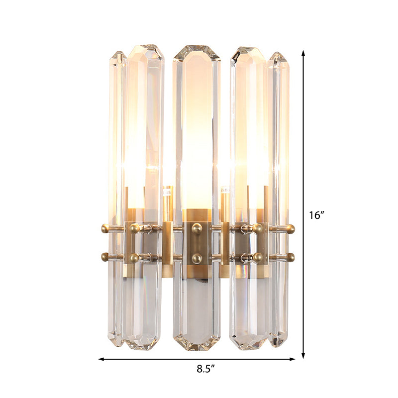 Cylinder Wall Lighting Modern Style Metal 2 Bulbs Golden Sconce Light with Clear Crystal Prism for Living Room Clearhalo 'Modern wall lights' 'Modern' 'Wall Lamps & Sconces' 'Wall Lights' Lighting' 224436