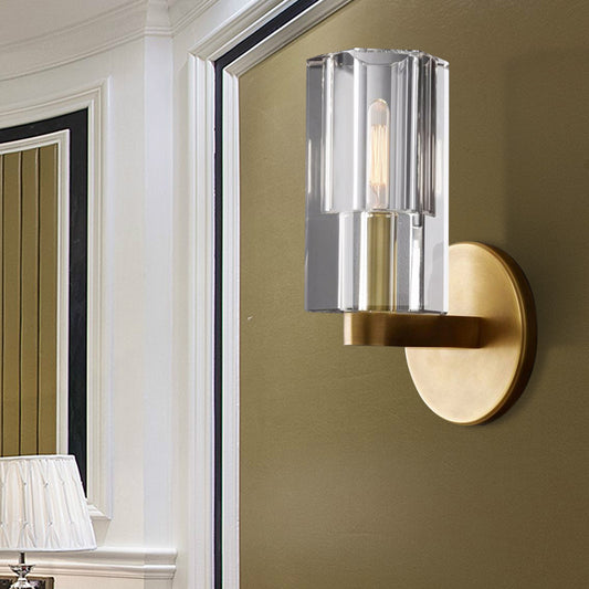 Cylinder Clear Crystal Wall Lamp Modernist 1 Light Wall Lighting Fixture with Round Backplate in Brass Clearhalo 'Modern wall lights' 'Modern' 'Wall Lamps & Sconces' 'Wall Lights' Lighting' 224438