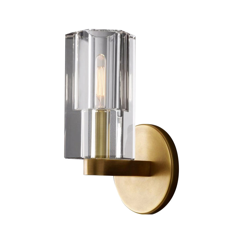 Cylinder Clear Crystal Wall Lamp Modernist 1 Light Wall Lighting Fixture with Round Backplate in Brass Clearhalo 'Modern wall lights' 'Modern' 'Wall Lamps & Sconces' 'Wall Lights' Lighting' 224439