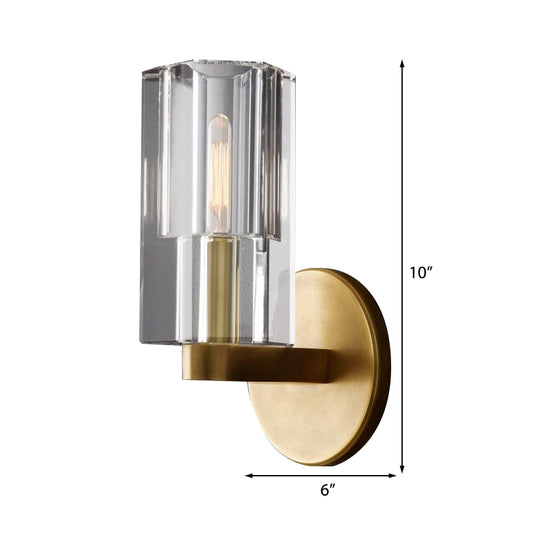 Cylinder Clear Crystal Wall Lamp Modernist 1 Light Wall Lighting Fixture with Round Backplate in Brass Clearhalo 'Modern wall lights' 'Modern' 'Wall Lamps & Sconces' 'Wall Lights' Lighting' 224440