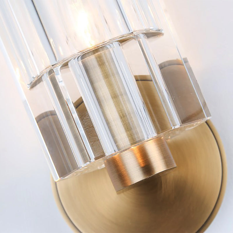 Cylinder Clear Crystal Wall Lamp Modernist 1 Light Wall Lighting Fixture with Round Backplate in Brass Clearhalo 'Modern wall lights' 'Modern' 'Wall Lamps & Sconces' 'Wall Lights' Lighting' 224441