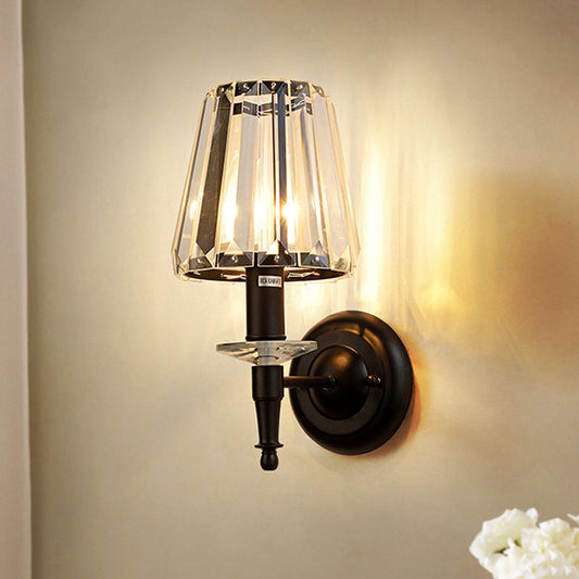 Cone Clear Crystal Wall Light Sconce Contemporary 1 Light Black Wall Lamp with Metal Round Backplate Black Clearhalo 'Modern wall lights' 'Modern' 'Wall Lamps & Sconces' 'Wall Lights' Lighting' 224447