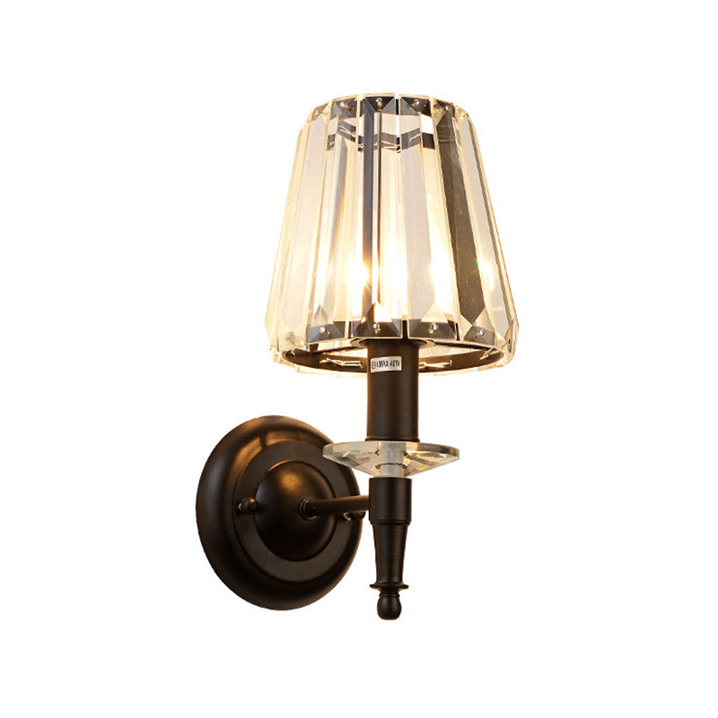 Cone Clear Crystal Wall Light Sconce Contemporary 1 Light Black Wall Lamp with Metal Round Backplate Clearhalo 'Modern wall lights' 'Modern' 'Wall Lamps & Sconces' 'Wall Lights' Lighting' 224449