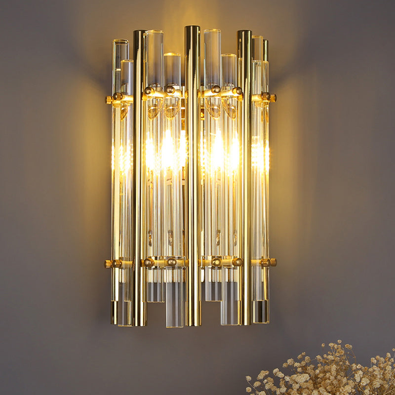 Tubular Wall Sconce Modernist Style Clear Crystal and Metal 1 Light Golden Wall Lighting for Bedroom Clearhalo 'Cast Iron' 'Glass' 'Industrial' 'Modern wall lights' 'Modern' 'Tiffany' 'Traditional wall lights' 'Wall Lamps & Sconces' 'Wall Lights' Lighting' 224475