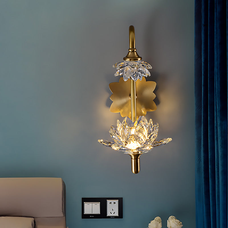 1 Bulb Bedroom Wall Sconce Fixture Modernist Style Brass Finish Wall Lamp with Lotus Clear Crystal Shade Brass Clearhalo 'Modern wall lights' 'Modern' 'Wall Lamps & Sconces' 'Wall Lights' Lighting' 224517