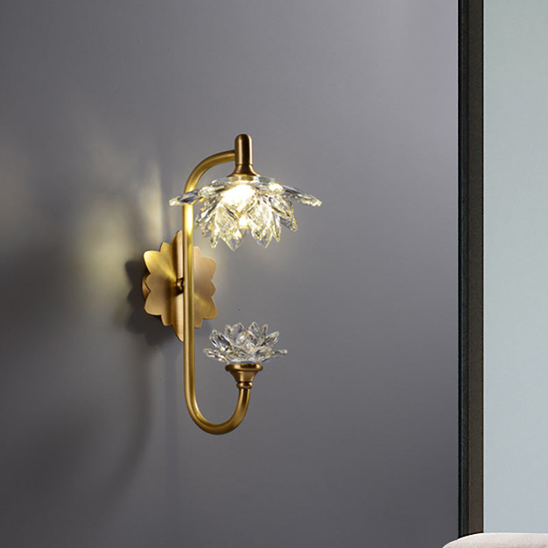 1 Bulb Bedroom Wall Sconce Fixture Modernist Style Brass Finish Wall Lamp with Lotus Clear Crystal Shade Clearhalo 'Modern wall lights' 'Modern' 'Wall Lamps & Sconces' 'Wall Lights' Lighting' 224518