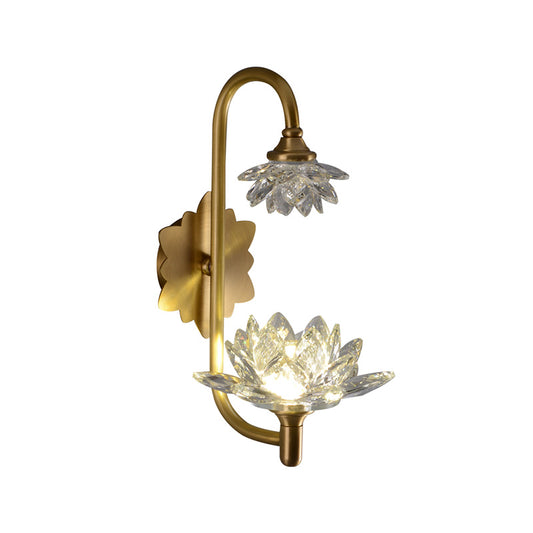 1 Bulb Bedroom Wall Sconce Fixture Modernist Style Brass Finish Wall Lamp with Lotus Clear Crystal Shade Clearhalo 'Modern wall lights' 'Modern' 'Wall Lamps & Sconces' 'Wall Lights' Lighting' 224519