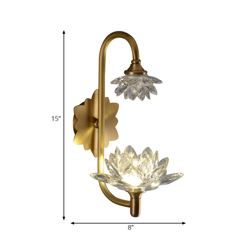 1 Bulb Bedroom Wall Sconce Fixture Modernist Style Brass Finish Wall Lamp with Lotus Clear Crystal Shade Clearhalo 'Modern wall lights' 'Modern' 'Wall Lamps & Sconces' 'Wall Lights' Lighting' 224520