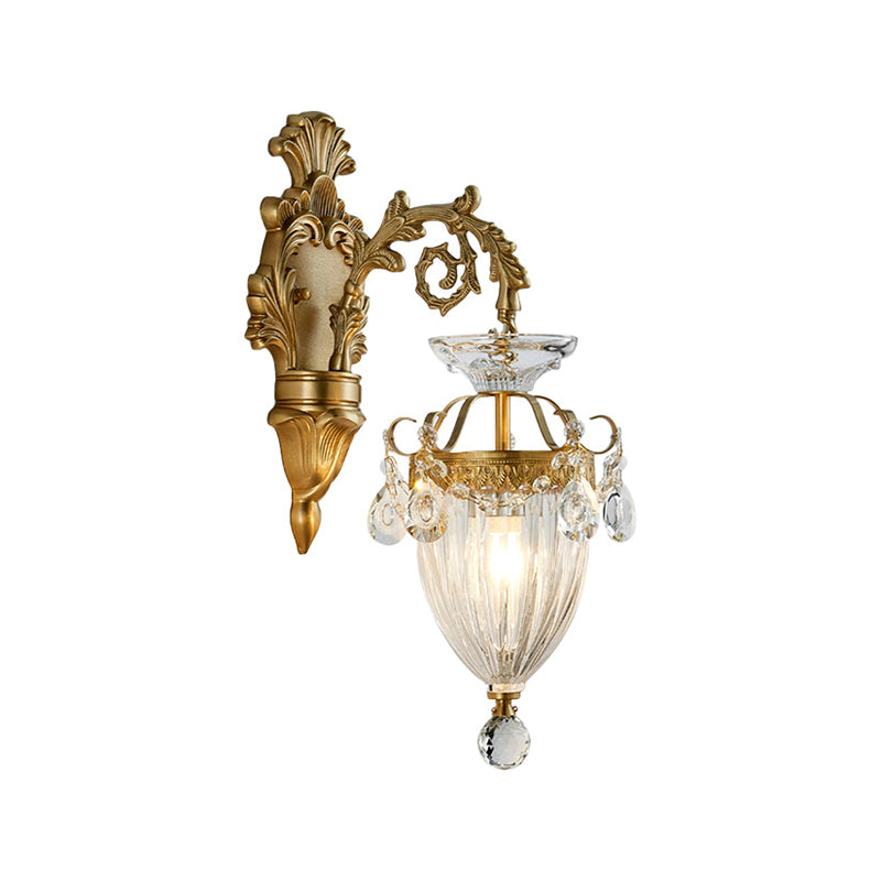 Vintage Style Urn Wall Lamp Clear Fluted Glass 1/2-Bulb Bedroom Wall Sconce Fixture with Carved Backplate in Brass Clearhalo 'Modern wall lights' 'Modern' 'Wall Lamps & Sconces' 'Wall Lights' Lighting' 224523