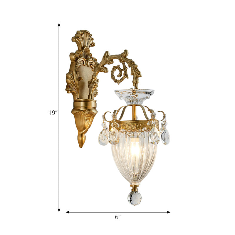 Vintage Style Urn Wall Lamp Clear Fluted Glass 1/2-Bulb Bedroom Wall Sconce Fixture with Carved Backplate in Brass Clearhalo 'Modern wall lights' 'Modern' 'Wall Lamps & Sconces' 'Wall Lights' Lighting' 224524
