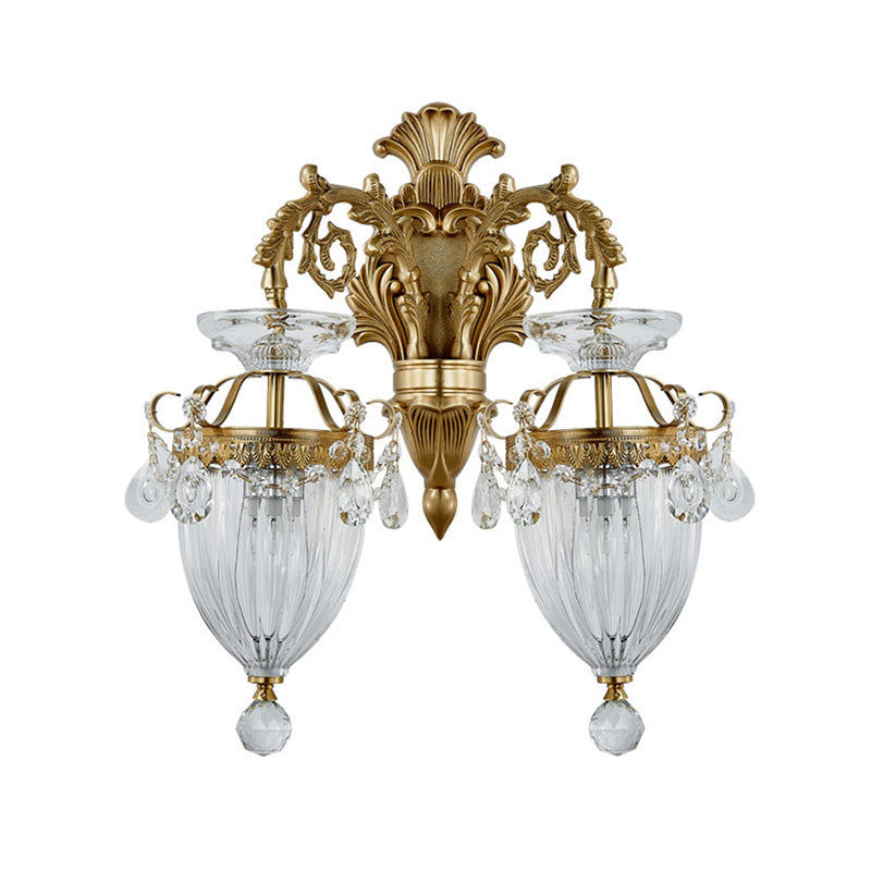 Vintage Style Urn Wall Lamp Clear Fluted Glass 1/2-Bulb Bedroom Wall Sconce Fixture with Carved Backplate in Brass Clearhalo 'Modern wall lights' 'Modern' 'Wall Lamps & Sconces' 'Wall Lights' Lighting' 224526