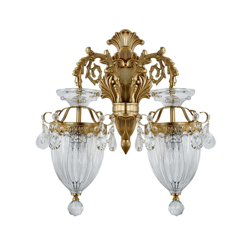 Vintage Style Urn Wall Lamp Clear Fluted Glass 1/2-Bulb Bedroom Wall Sconce Fixture with Carved Backplate in Brass Clearhalo 'Modern wall lights' 'Modern' 'Wall Lamps & Sconces' 'Wall Lights' Lighting' 224526