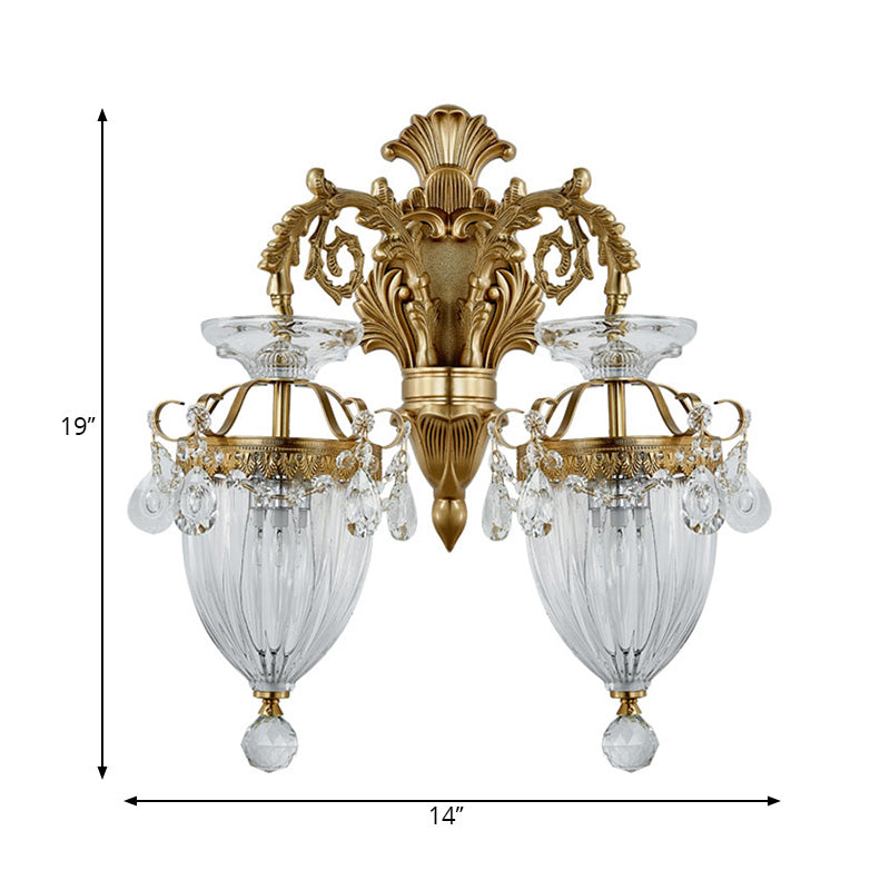 Vintage Style Urn Wall Lamp Clear Fluted Glass 1/2-Bulb Bedroom Wall Sconce Fixture with Carved Backplate in Brass Clearhalo 'Modern wall lights' 'Modern' 'Wall Lamps & Sconces' 'Wall Lights' Lighting' 224527