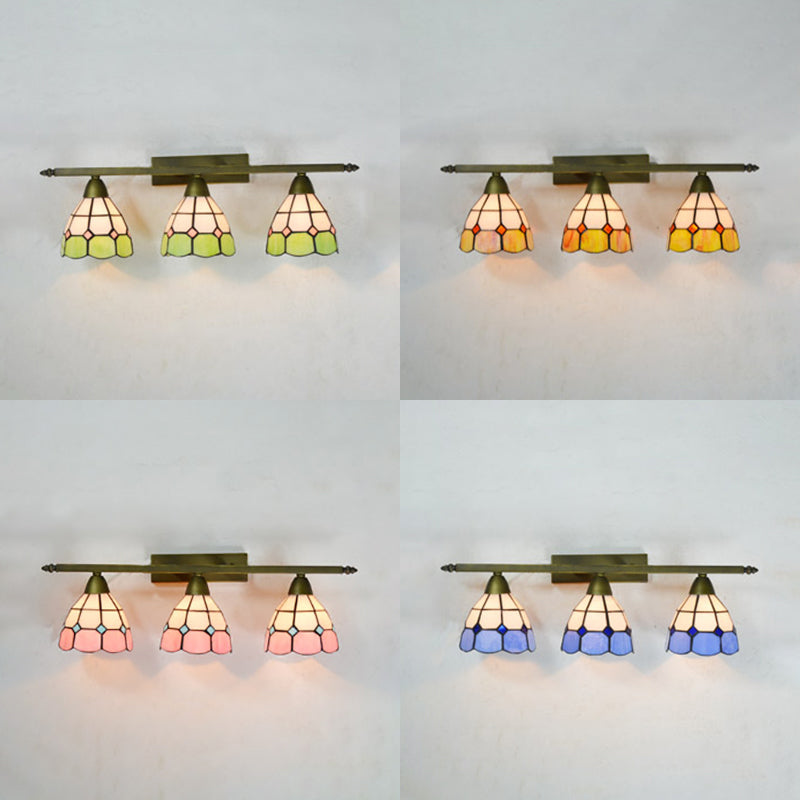 Yellow/Pink/Green/Blue Dome Wall Sconce Lamp Vintage Tiffany 3 Lights Wall Mount Light in Brass for Bathroom Clearhalo 'Industrial' 'Middle century wall lights' 'Tiffany wall lights' 'Tiffany' 'Wall Lamps & Sconces' 'Wall Lights' Lighting' 22453