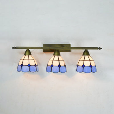 Yellow/Pink/Green/Blue Dome Wall Sconce Lamp Vintage Tiffany 3 Lights Wall Mount Light in Brass for Bathroom Blue Clearhalo 'Industrial' 'Middle century wall lights' 'Tiffany wall lights' 'Tiffany' 'Wall Lamps & Sconces' 'Wall Lights' Lighting' 22454