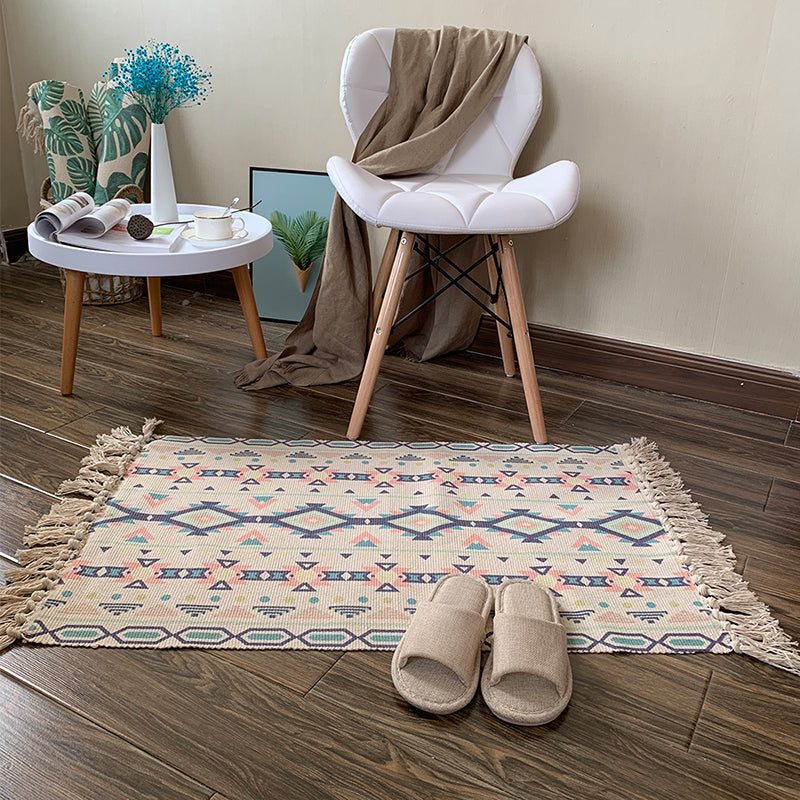 Southwestern Geometric Print Rug Multi-Colored Flax Carpet Hand Twisted Pet Friendly Rug with Fringe for Decoration Beige Clearhalo 'Area Rug' 'Rugs' 'Southwestern' Rug' 2245458