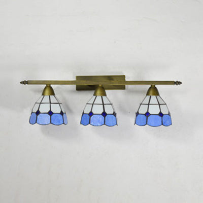 Yellow/Pink/Green/Blue Dome Wall Sconce Lamp Vintage Tiffany 3 Lights Wall Mount Light in Brass for Bathroom Clearhalo 'Industrial' 'Middle century wall lights' 'Tiffany wall lights' 'Tiffany' 'Wall Lamps & Sconces' 'Wall Lights' Lighting' 22455