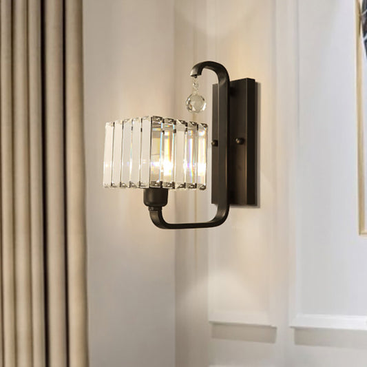 1 Bulb Indoor Wall Sconce Lamp Modern Style Black/Gold Finish Wall Mount Light with Cubic Clear Crystal Shade Black Clearhalo 'Modern wall lights' 'Modern' 'Wall Lamps & Sconces' 'Wall Lights' Lighting' 224554