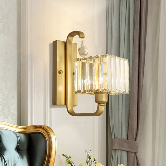 1 Bulb Indoor Wall Sconce Lamp Modern Style Black/Gold Finish Wall Mount Light with Cubic Clear Crystal Shade Gold Clearhalo 'Modern wall lights' 'Modern' 'Wall Lamps & Sconces' 'Wall Lights' Lighting' 224558