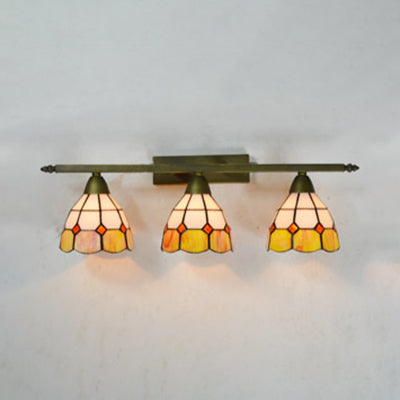 Yellow/Pink/Green/Blue Dome Wall Sconce Lamp Vintage Tiffany 3 Lights Wall Mount Light in Brass for Bathroom Yellow Clearhalo 'Industrial' 'Middle century wall lights' 'Tiffany wall lights' 'Tiffany' 'Wall Lamps & Sconces' 'Wall Lights' Lighting' 22456