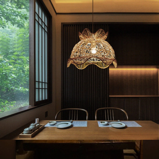 Wood Scalloped Ceiling Light Asian Style 1 Head Rattan Hanging Lamp for Restaurant Clearhalo 'Ceiling Lights' 'Lighting' 'Pendant Lights' 2245610_ab9d4a14-5c04-4991-90dd-905e800fc56b