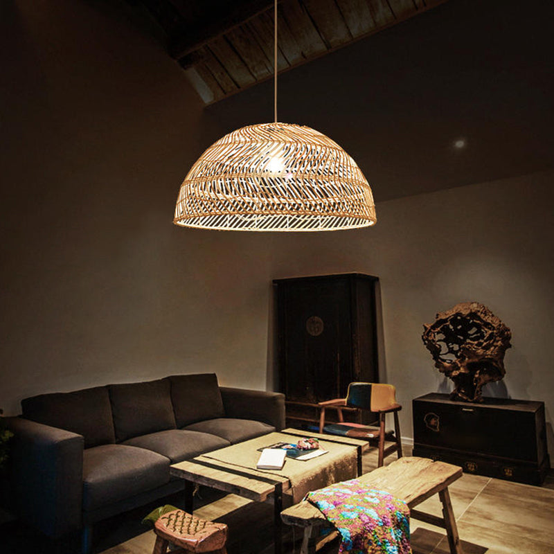 Rattan Dome Shaded Suspension Lighting Simplicity 1-Light Wood Pendant Light Fixture Clearhalo 'Ceiling Lights' 'Pendant Lights' 'Pendants' Lighting' 2245635