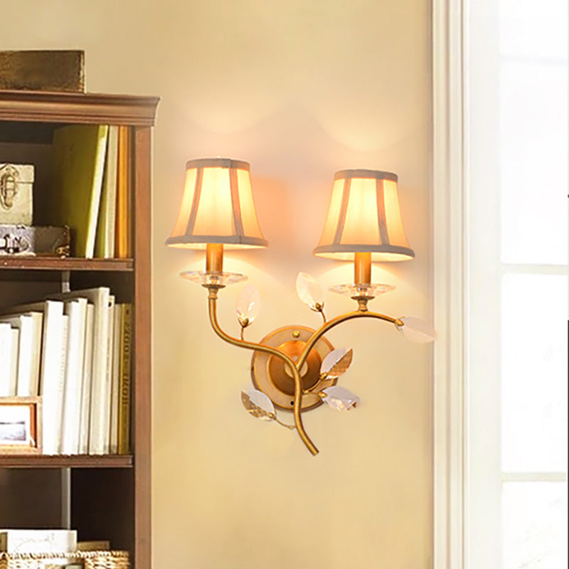 Metal Branch Wall Light Lodge Stylish 2 Lights Brass Wall Sconce Fixture with/without Bell Shade for Indoor Brass With Shade Clearhalo 'Art deco wall lights' 'Industrial wall lights' 'Industrial' 'Middle century wall lights' 'Tiffany' 'Wall Lamps & Sconces' 'Wall Lights' Lighting' 224568