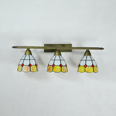 Yellow/Pink/Green/Blue Dome Wall Sconce Lamp Vintage Tiffany 3 Lights Wall Mount Light in Brass for Bathroom Clearhalo 'Industrial' 'Middle century wall lights' 'Tiffany wall lights' 'Tiffany' 'Wall Lamps & Sconces' 'Wall Lights' Lighting' 22457